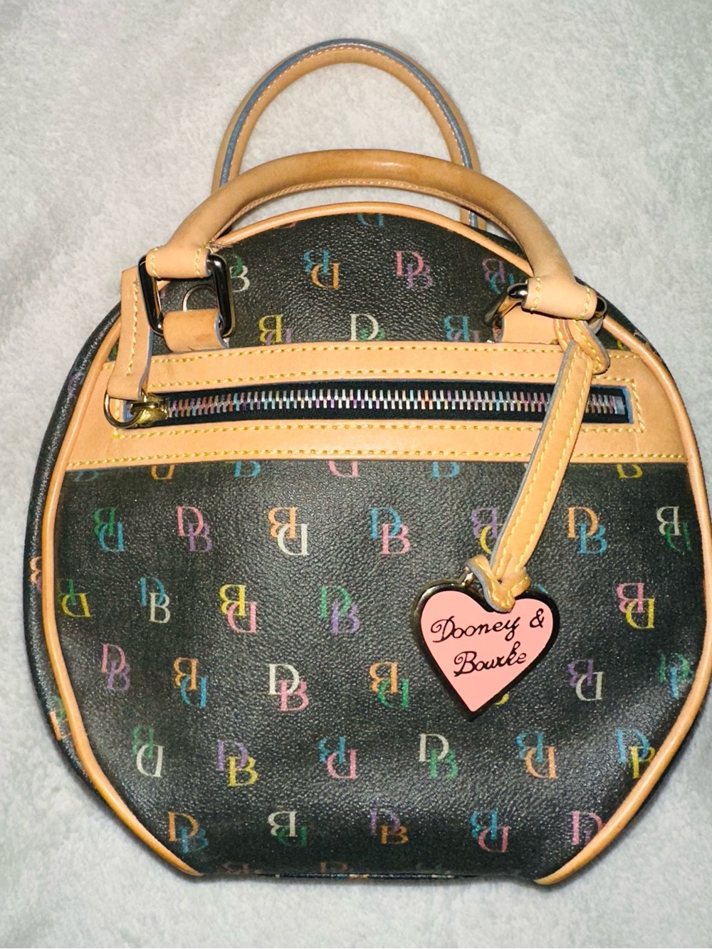 Vintage Dooney & Bourke Black Multicolor DB Logo Mini Satchel with Tan Trim